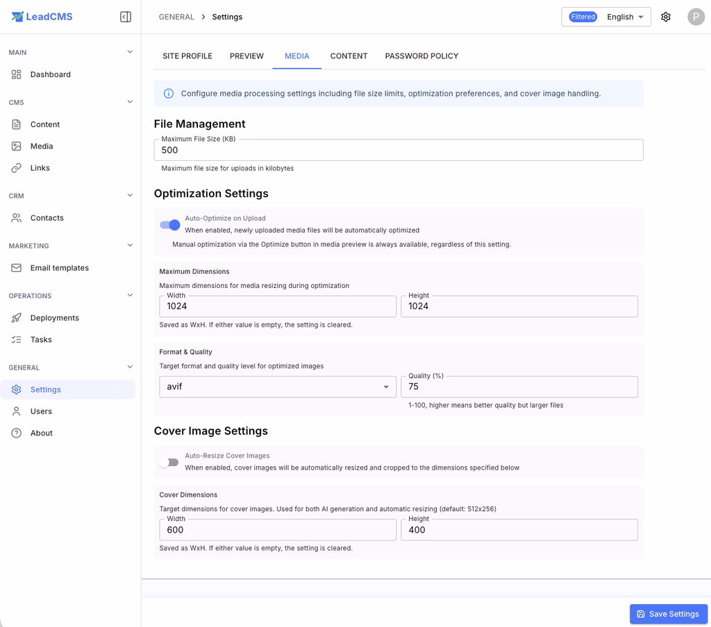 Media optimisation settings in LeadCMS