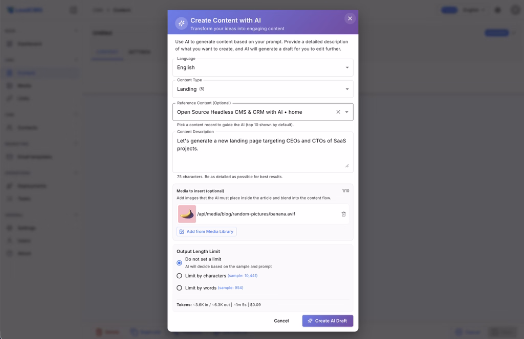 Generate a landing page with AI in LeadCMS